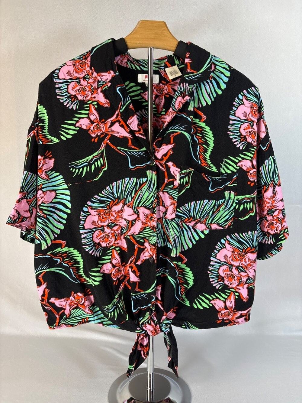 Levi's Tropical Floral Print Tie-Front Blouse L Summer Floral Beach Vacation